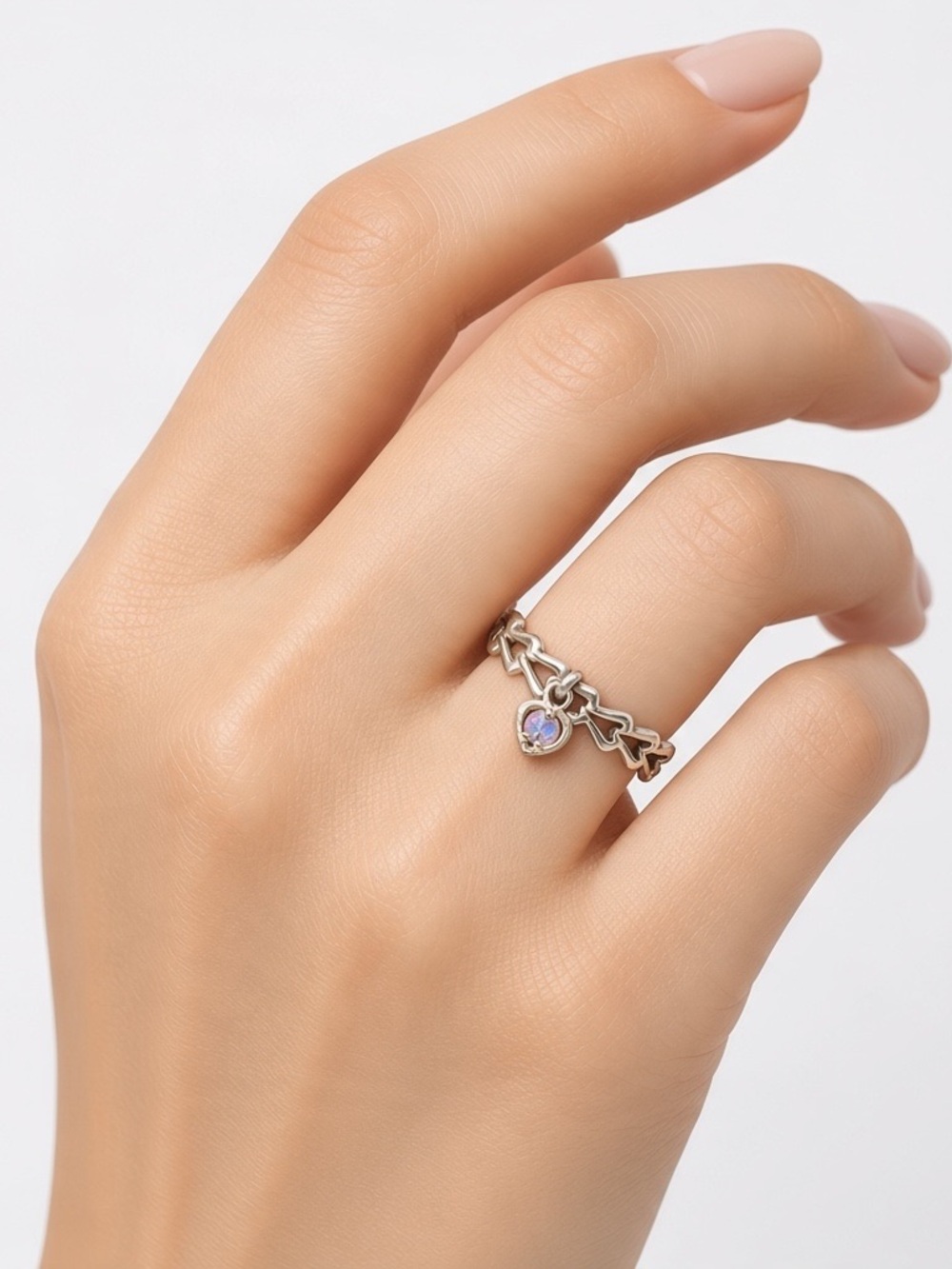 Avon 925 Sterling Silver Heart Charm Ring Size 5.5 Pink Stone Openwork Band